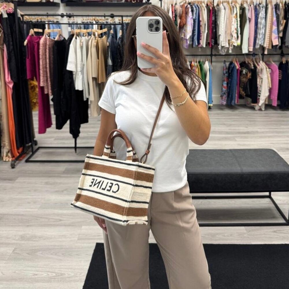 CELINE Small Cabas Thais Woven Stripe Bag Brown Logo Cream Tote Leather Handbag